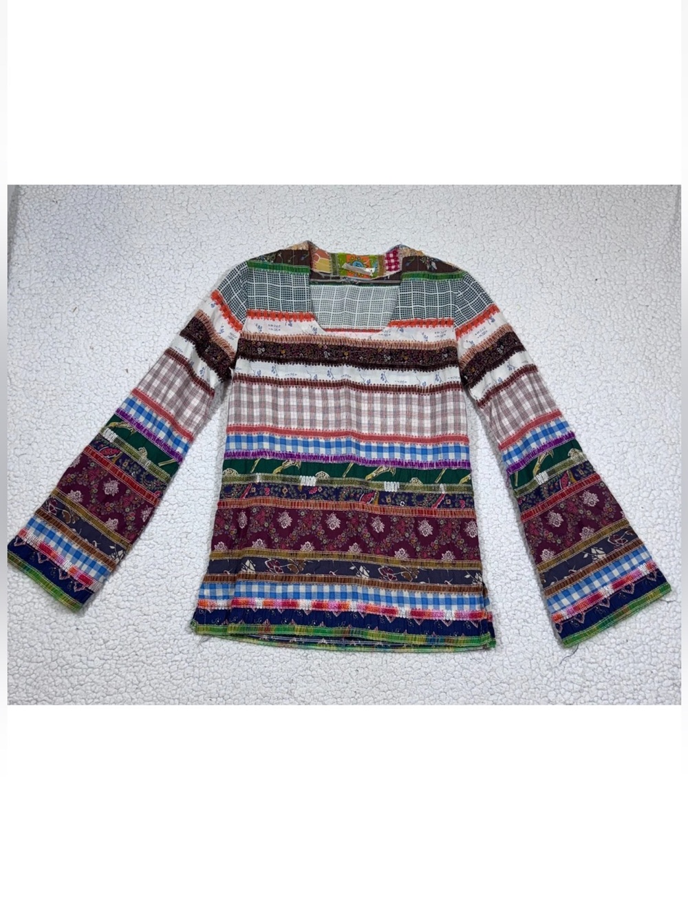 Vintage 70's Womens Cotton Patchwork Top sz S/M Hippie Boho Woodstock